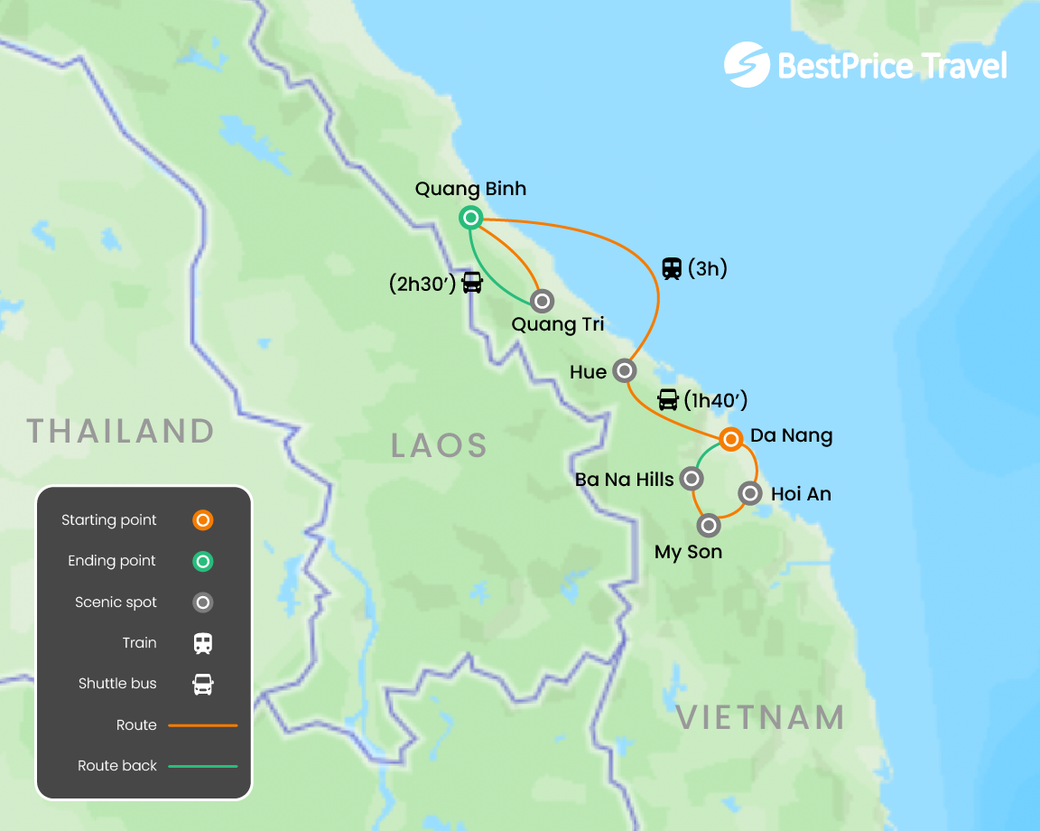 Central Vietnam Heritage & Adventure Private Tour 9 days Map