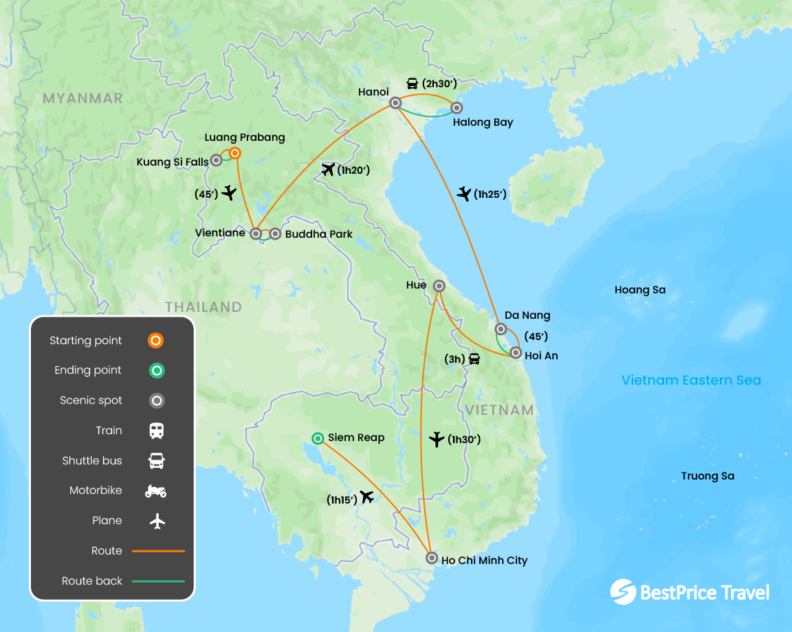 Indochina Essentials: Laos, Vietnam & Cambodia 15 days Map