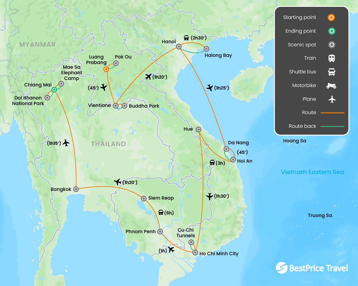 Indochina Discovery: Laos, Vietnam, Cambodia & Thailand 21 days Map