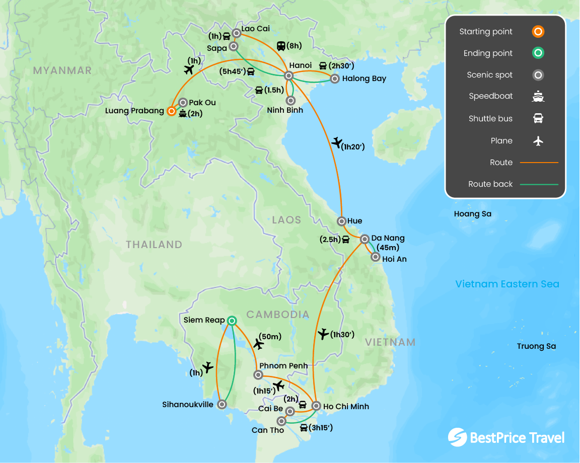 Laos, Vietnam and Cambodia Explorer 24 days Map