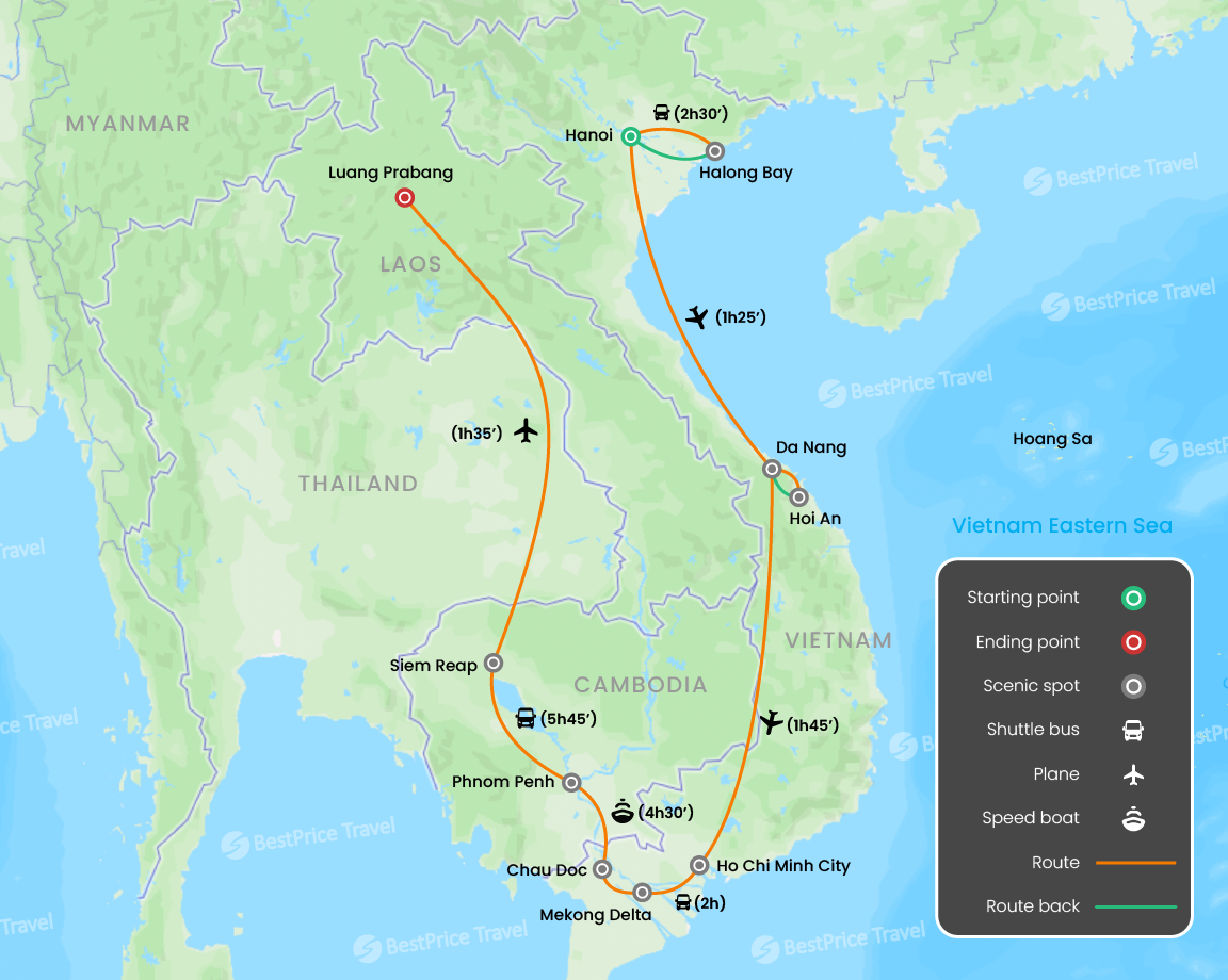 Epic Indochina Odyssey: Vietnam, Cambodia & Laos 20 days Map