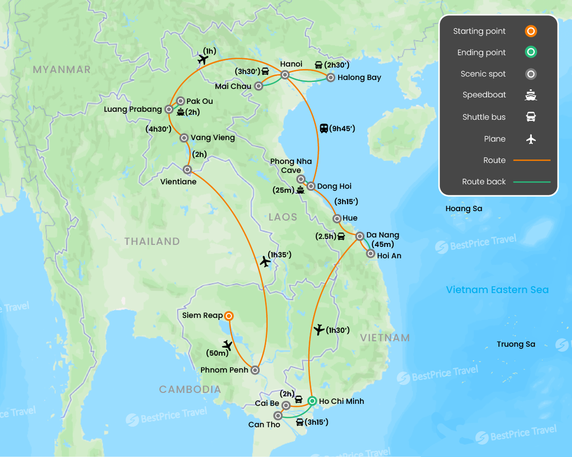 Indochina Uncovered Sites: Cambodia, Laos & Vietnam 26 days Map