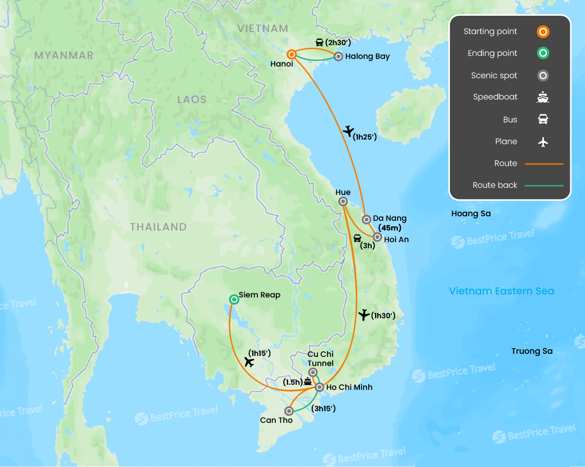 Incredible Luxury Vietnam and Cambodia 2 Weeks Map