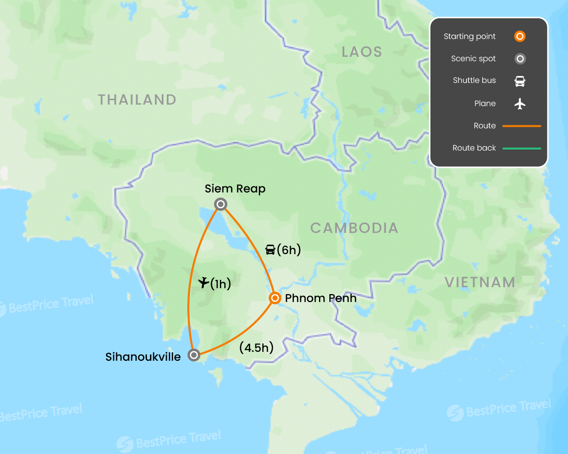 Cambodia Essential & Beach Relaxation 12 days Map