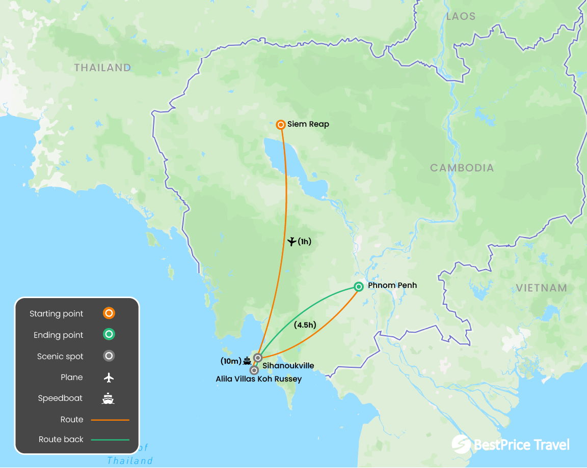 Luxurious of Cambodia Holiday 8 days Map