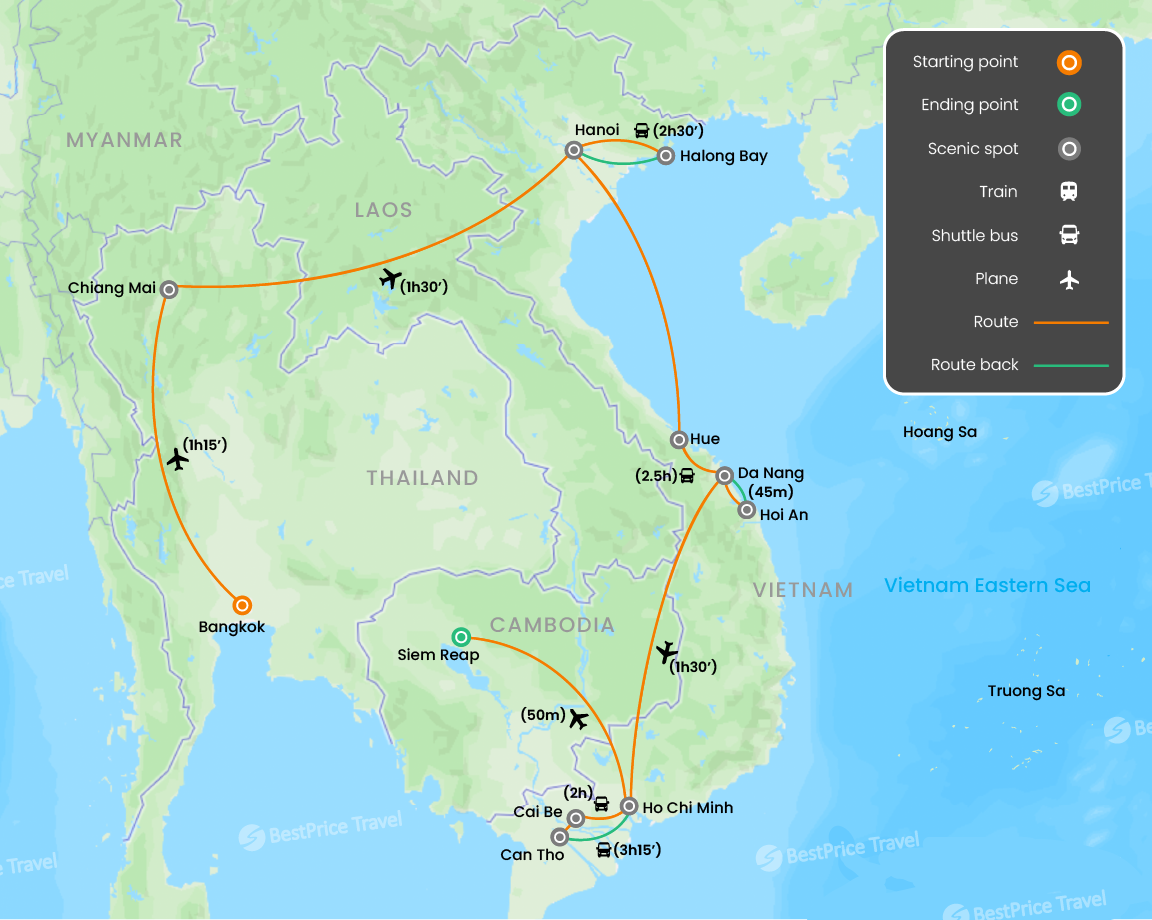 Indochina in Style: 20-Day Luxury Journey through Thailand, Vietnam & Cambodia Map