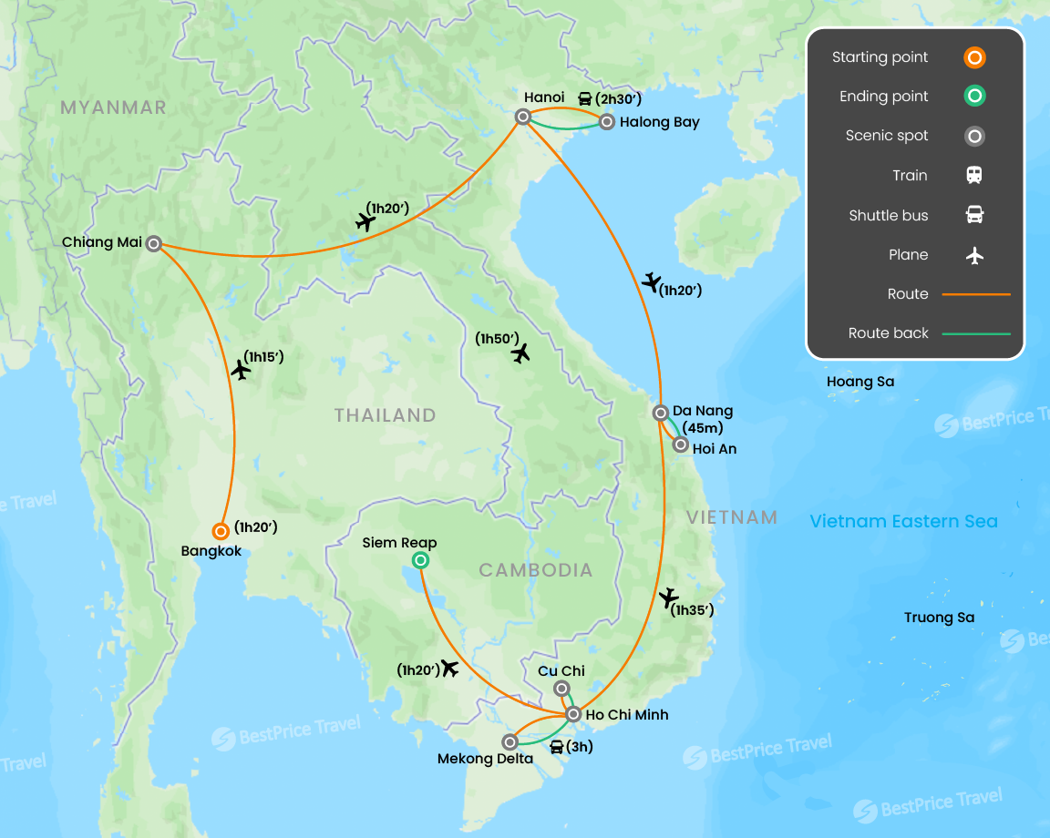 Amazing Indochina: Thailand, Vietnam and Cambodia 18 days Map