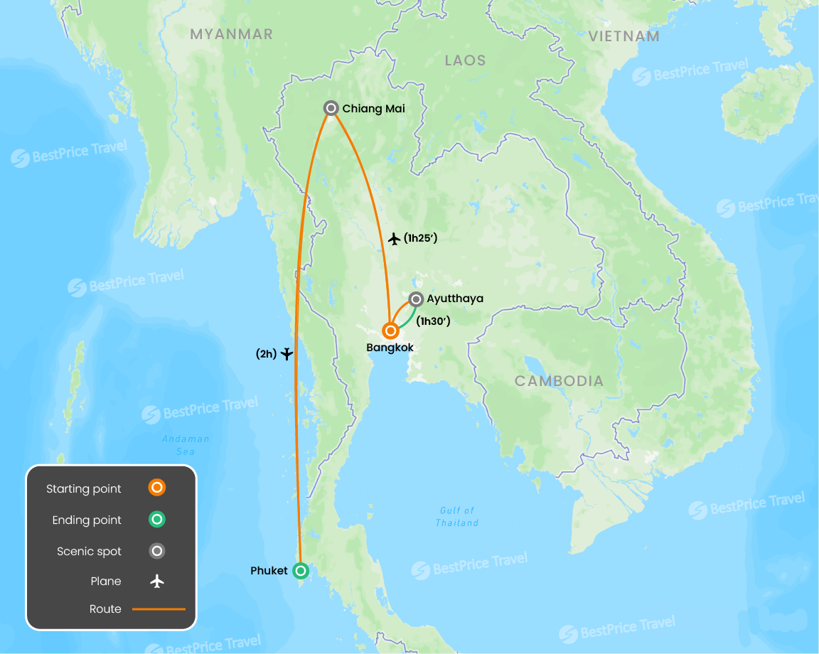 Thailand Cultural & Beach Vacation 12 days Map