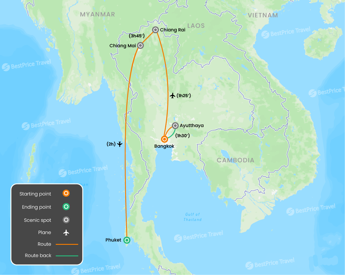 Vacaciones perfectas en Tailandia para una pareja de 12 días mapa