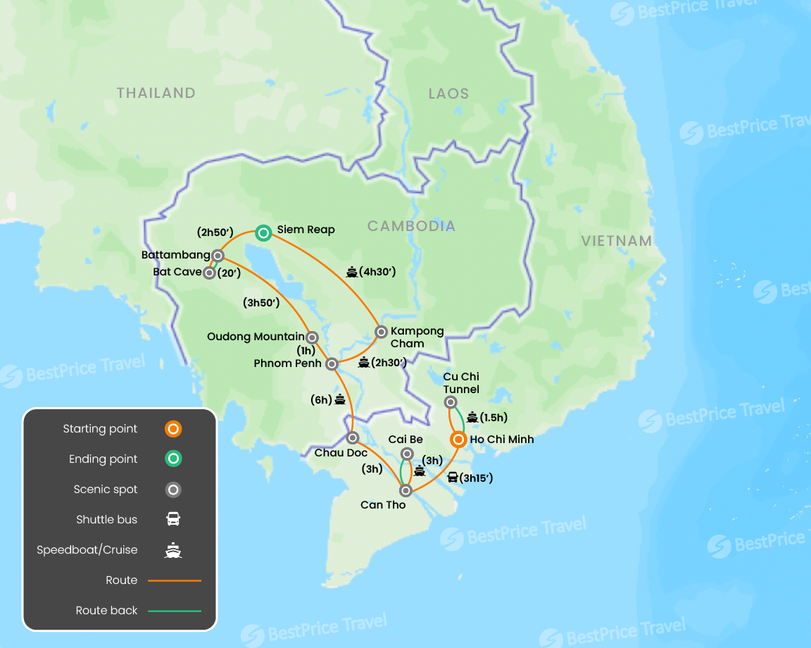 Romance of Vietnam & Cambodia from Mekong Delta to Angkor Wat 13 days Map