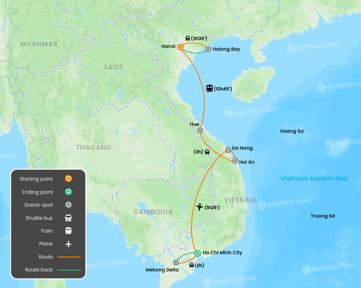 From North to South Vietnam Family Holidays 11 days Map