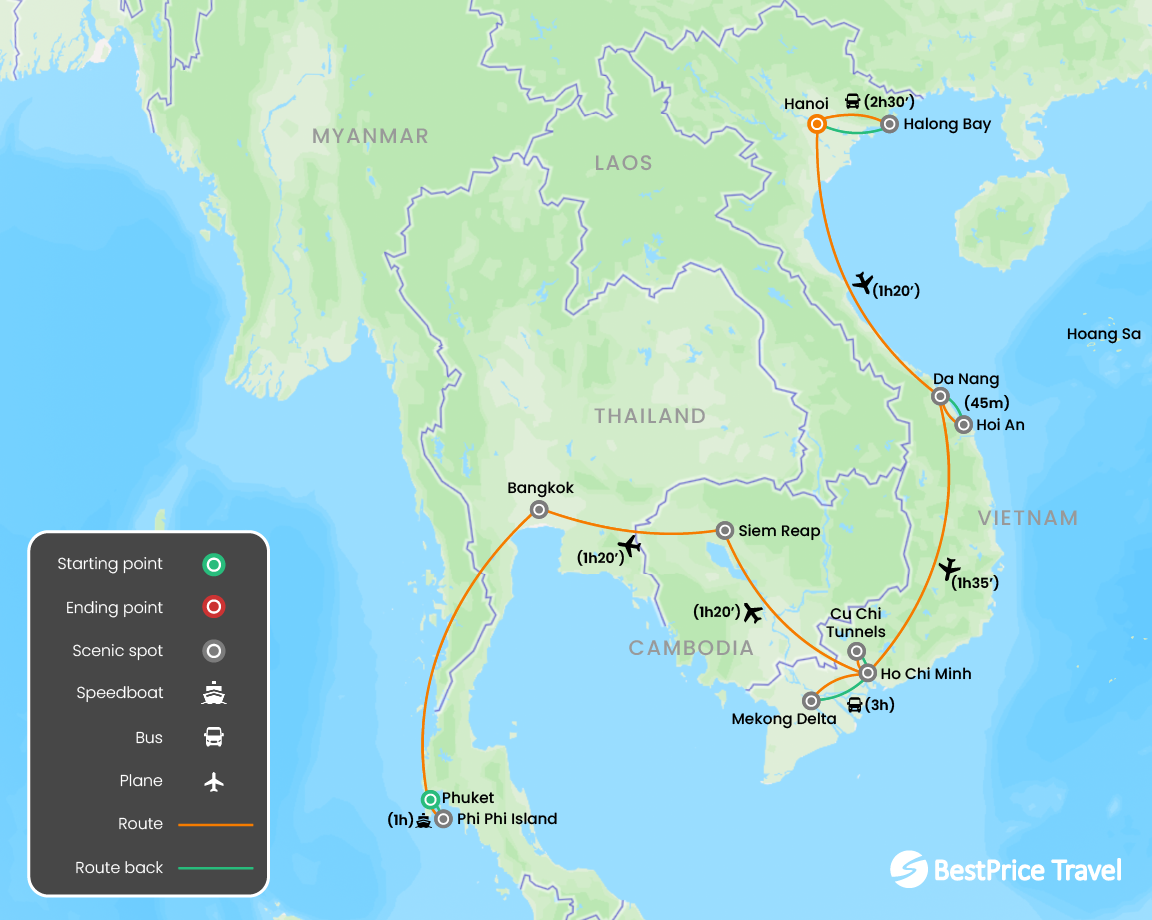 Indochina Delight (Vietnam, Cambodia & Thailand) with Beach Escape 3 weeks Map