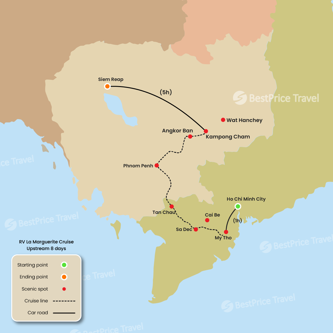 RV La Marguerite Cruise Upstream 8 days: Saigon - Siem Reap Map