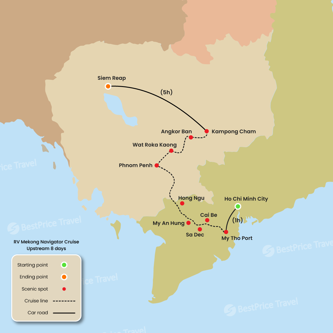 RV Mekong Navigator Cruise Upstream 8 days: Saigon - Siem Reap Map