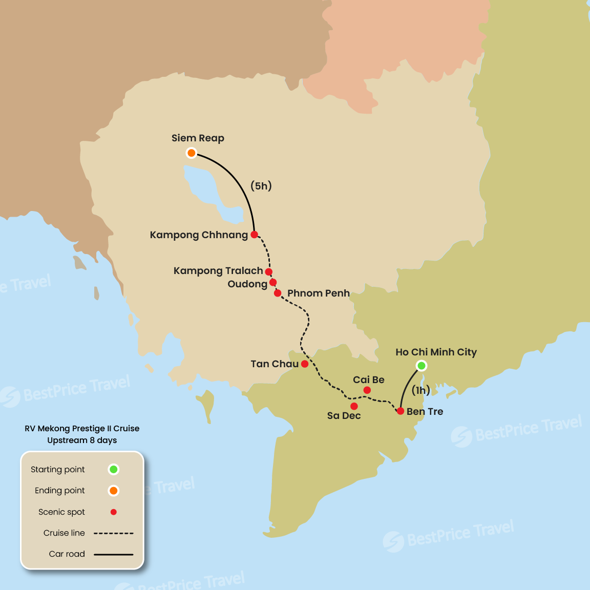 RV Mekong Prestige II Cruise Upstream 8 days: Saigon - Siem Reap Map