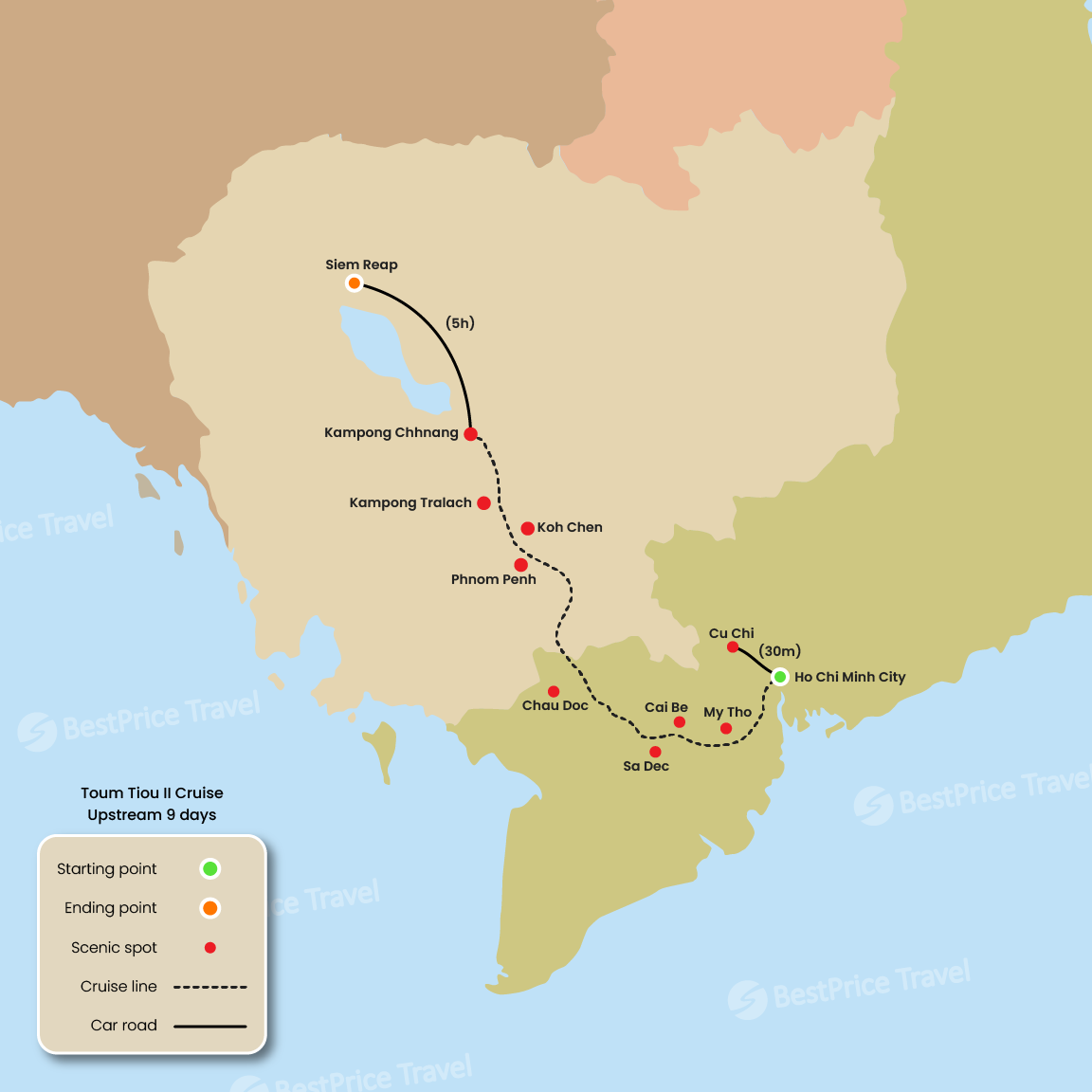 Toum Tiou II Cruise Upstream 9 days: Saigon - Siem Reap Map