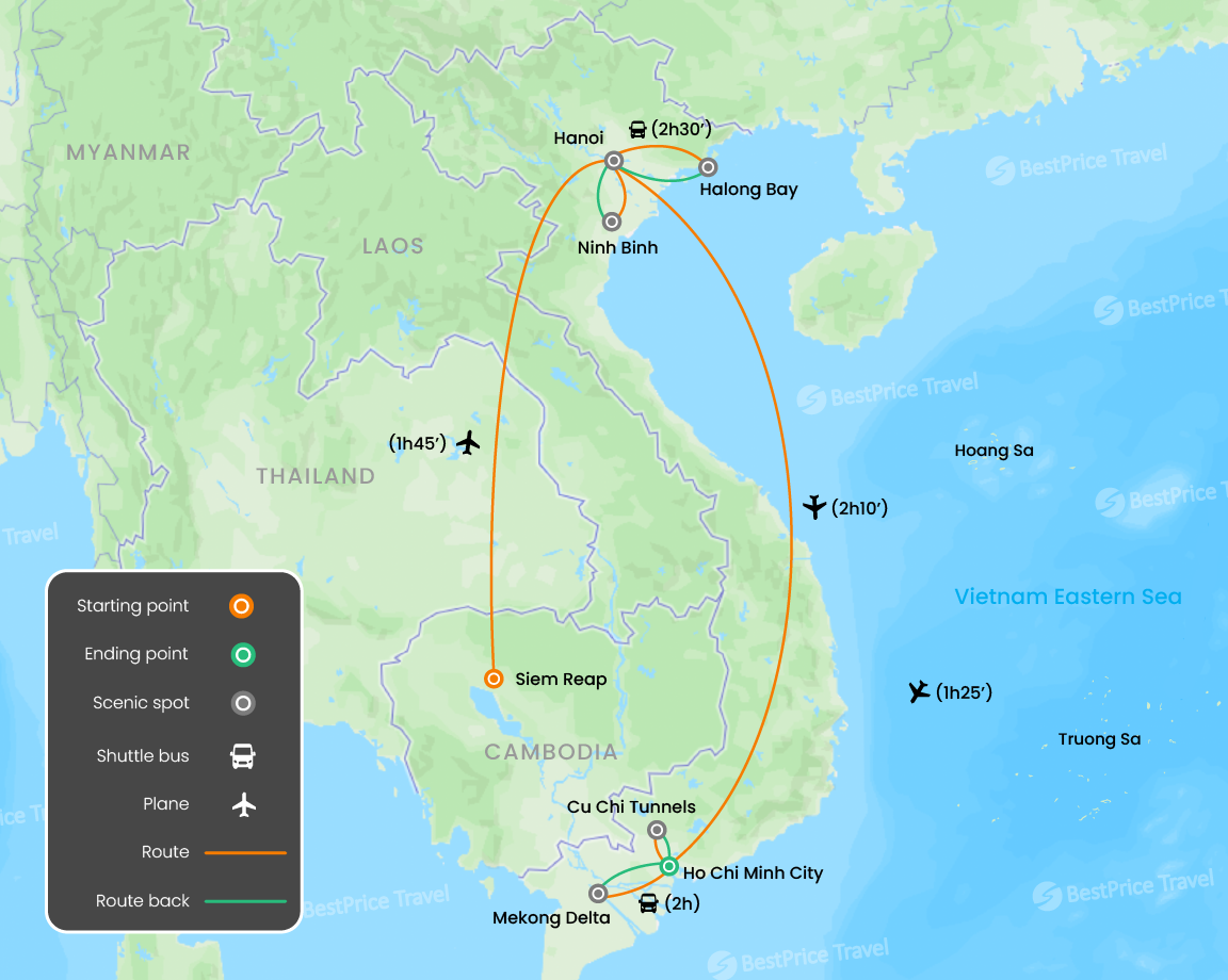 Splendid Vietnam & Cambodia 10 days Map