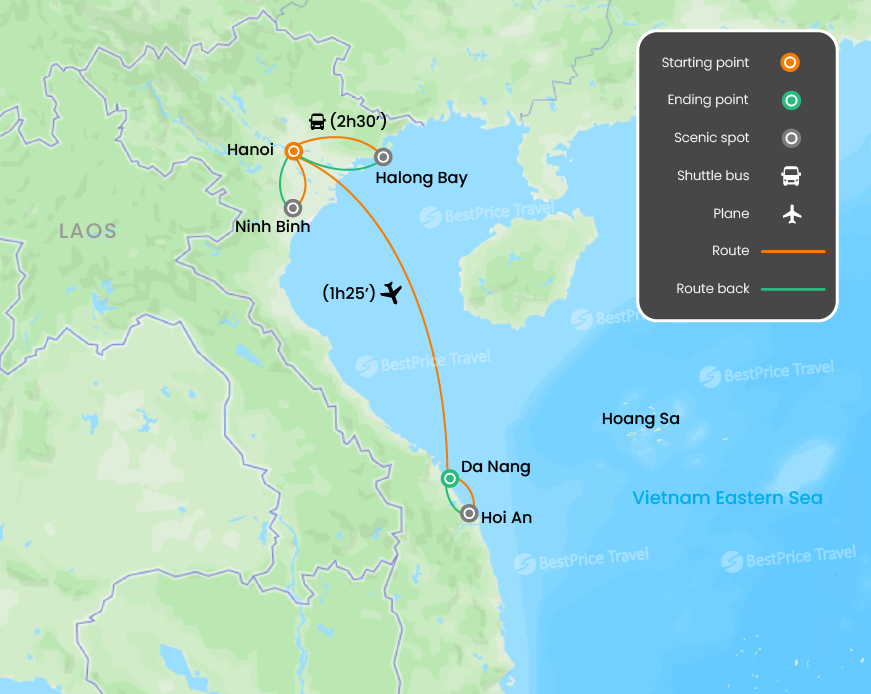 North & Center Vietnam Unexplored Route 10 days Map