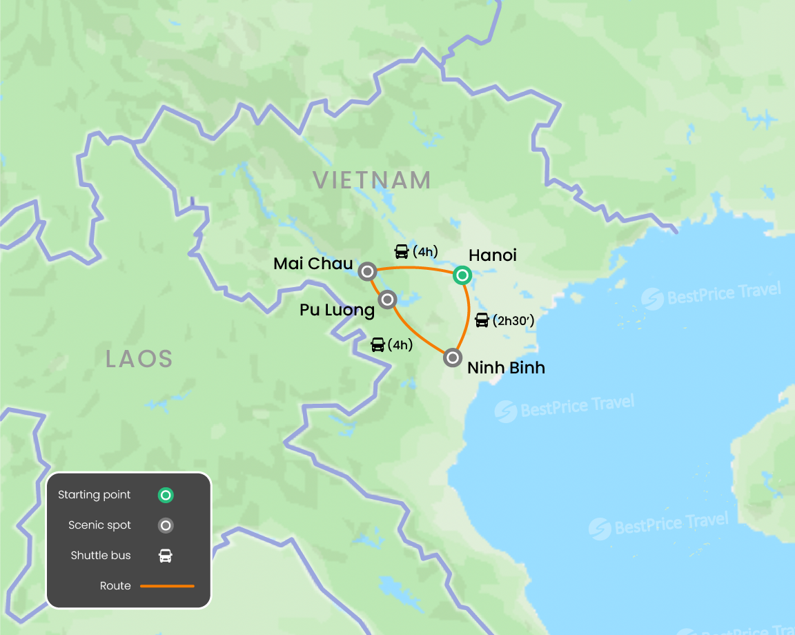 Hanoi - Mai Chau - Puluong Natural Reserve - Ninh Binh 4 days Map