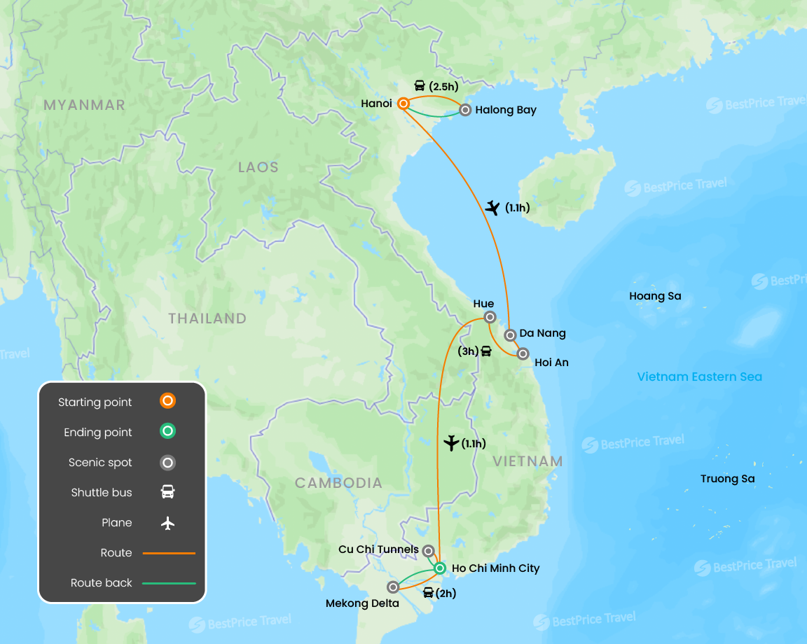 Highlights of Vietnam from North to South 12 days Map
