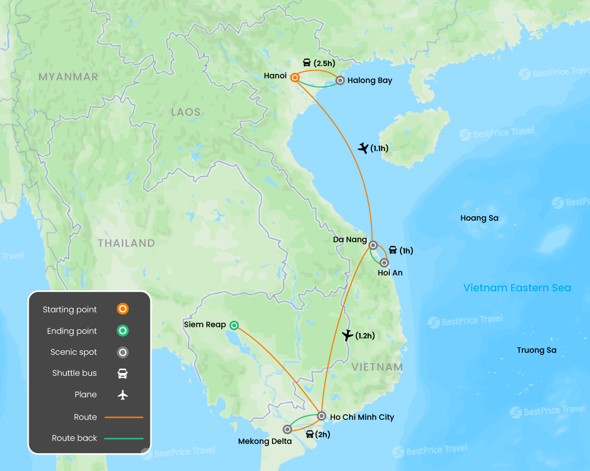 Best of Vietnam and Cambodia 15 days Map