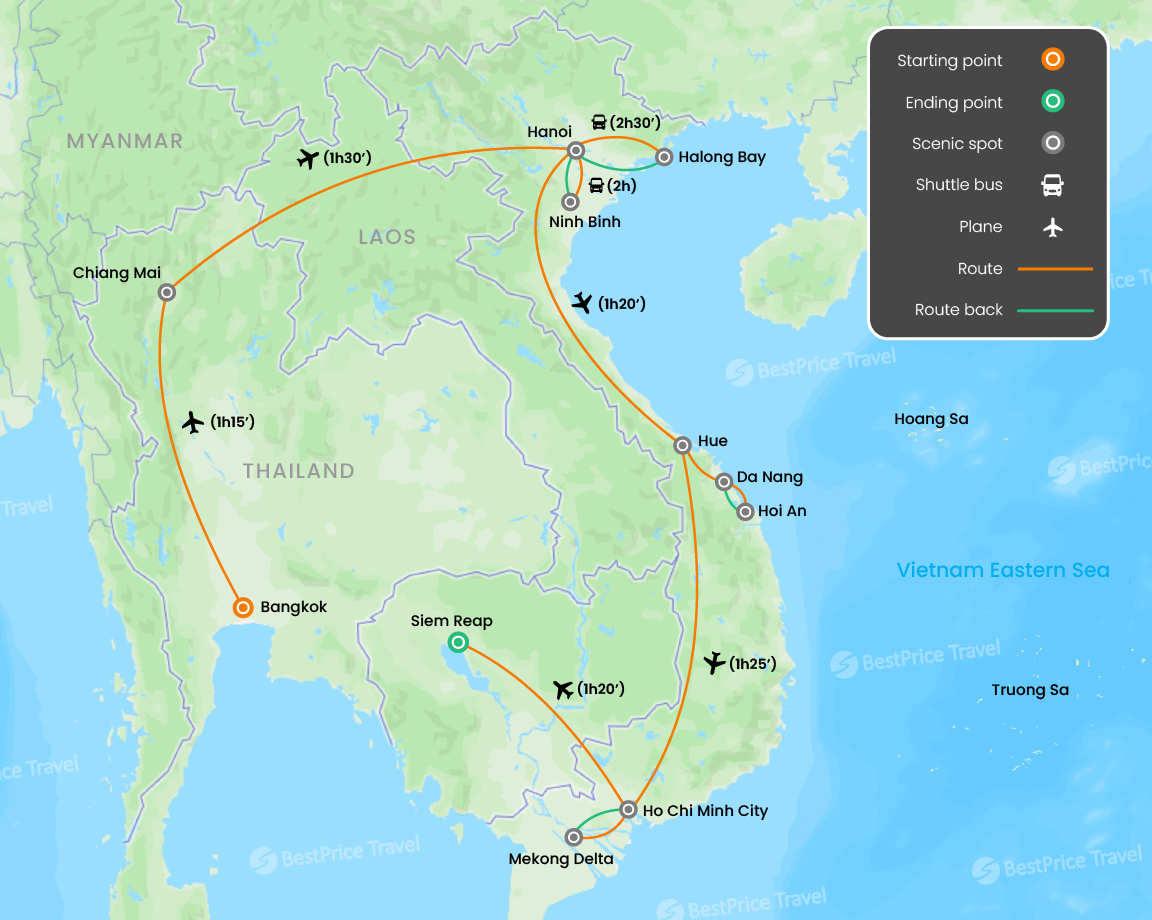 Best of Thailand, Vietnam, Cambodia 19 days Map
