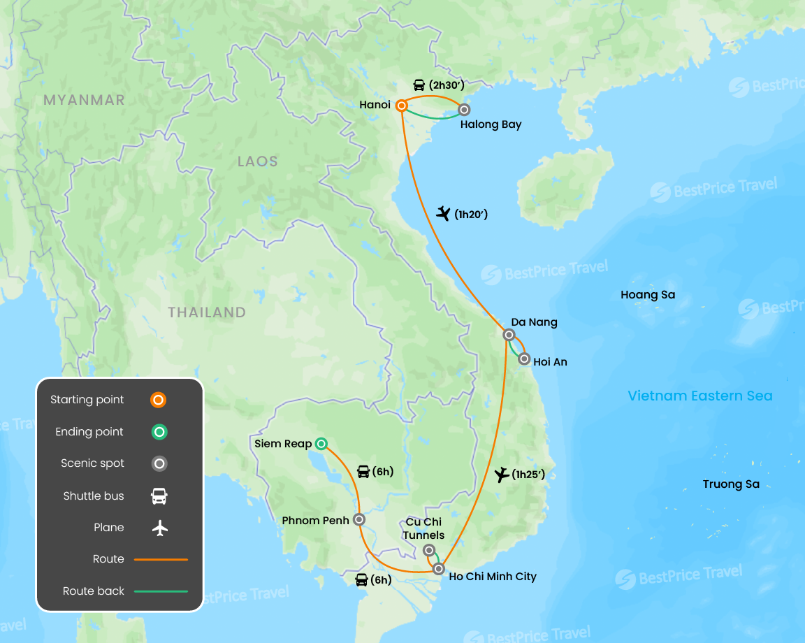 Super Save Vietnam & Cambodia Discovery 14 days Map