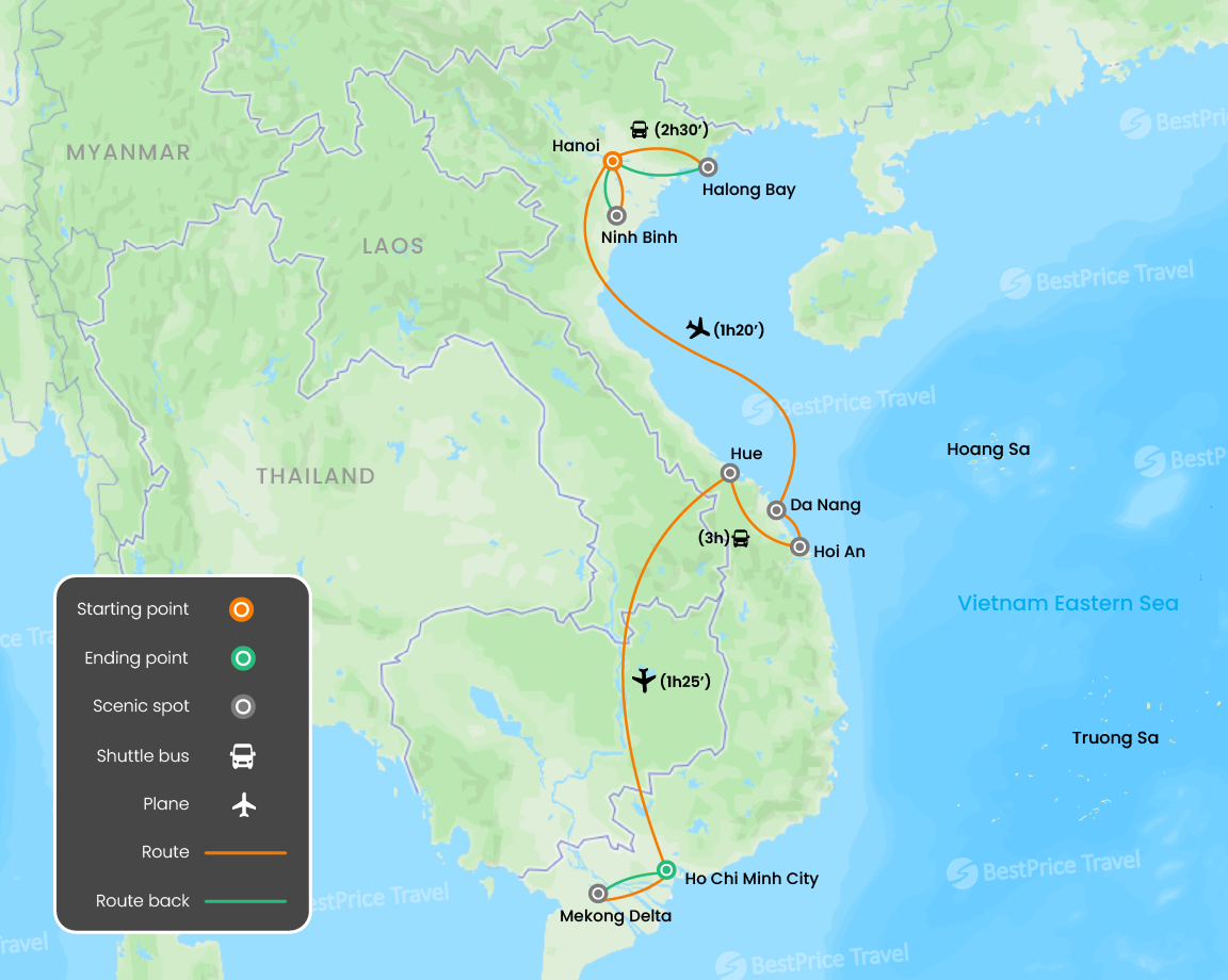 Vietnam Adventure On Wheels: North to South Exploration 15 days Map