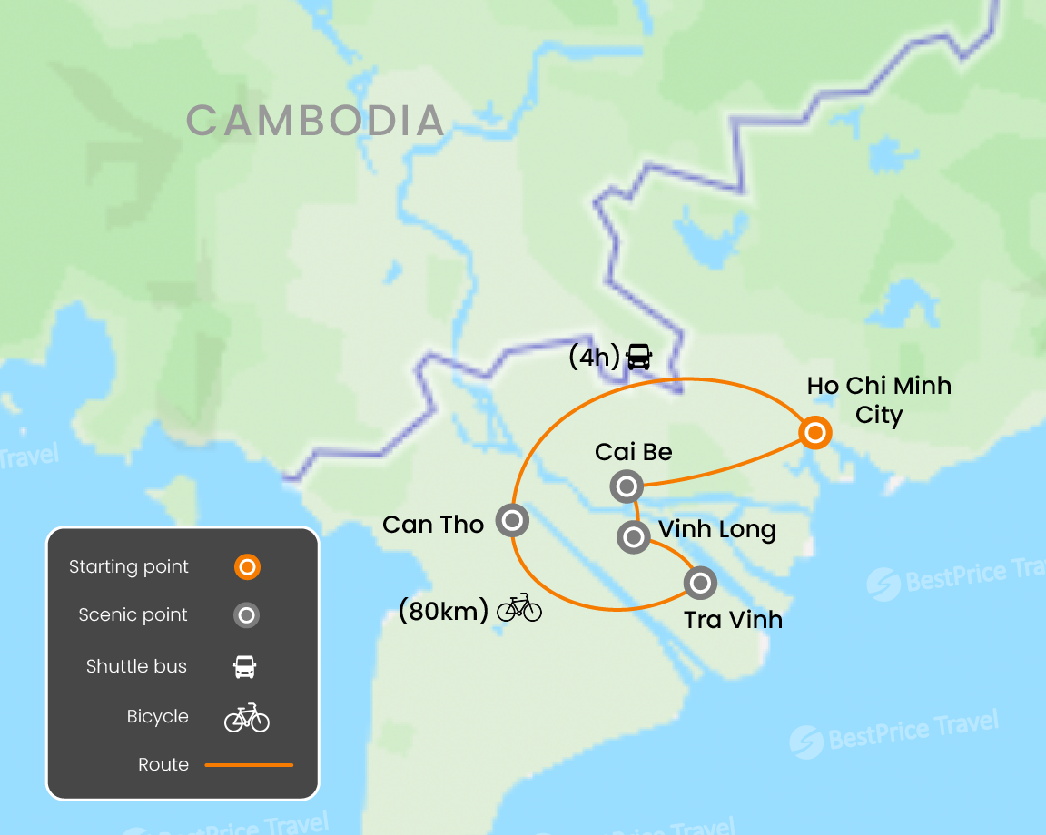 Mekong Delta Odyssey By Cycling 4 Days Map