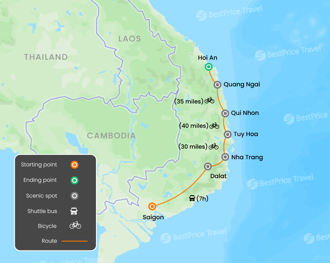 Saigon to Hoi An Cycling Adventure 7 days Map