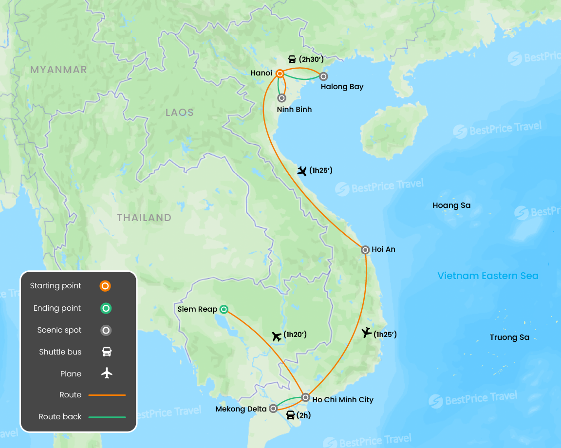 Vietnam and Cambodia Family Biking Adventure 15 days Map