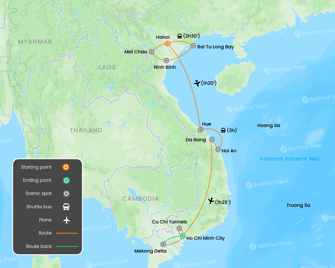 Vietnam Family Holiday from North to South 16 days Map