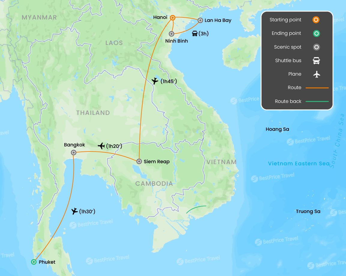 Indochina at a Glance: Vietnam Cambodia & Thailand 2 weeks Map