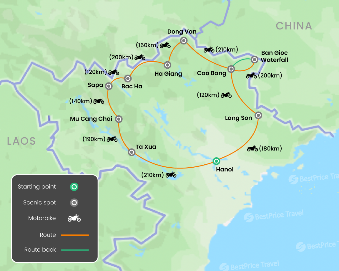 Vietnam Off-Road: Ta Xua, Ha Giang and Cao Bang by Motorbike 10 days Map