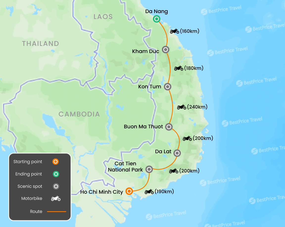 Saigon to Danang: Vietnam Highlands Motorbike Tour 7 days Map