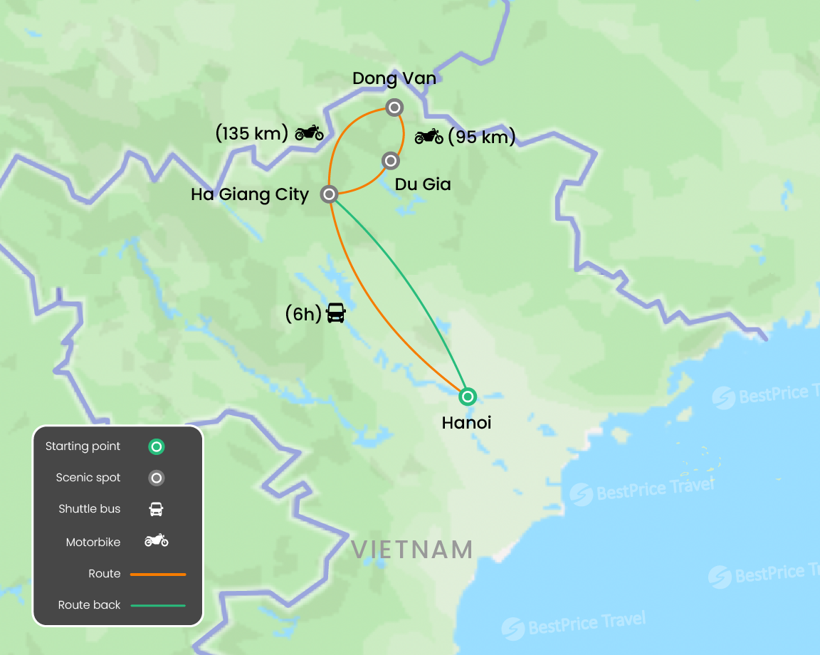 Ha Giang Loop on Motorbike 4 days: Dong Van, Ma Pi Leng & Local Villages Map