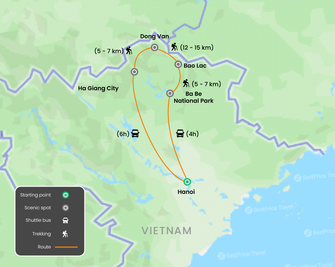 Northern Trekking & Hiking Trails Ha Giang to Ba Be 5 days Map