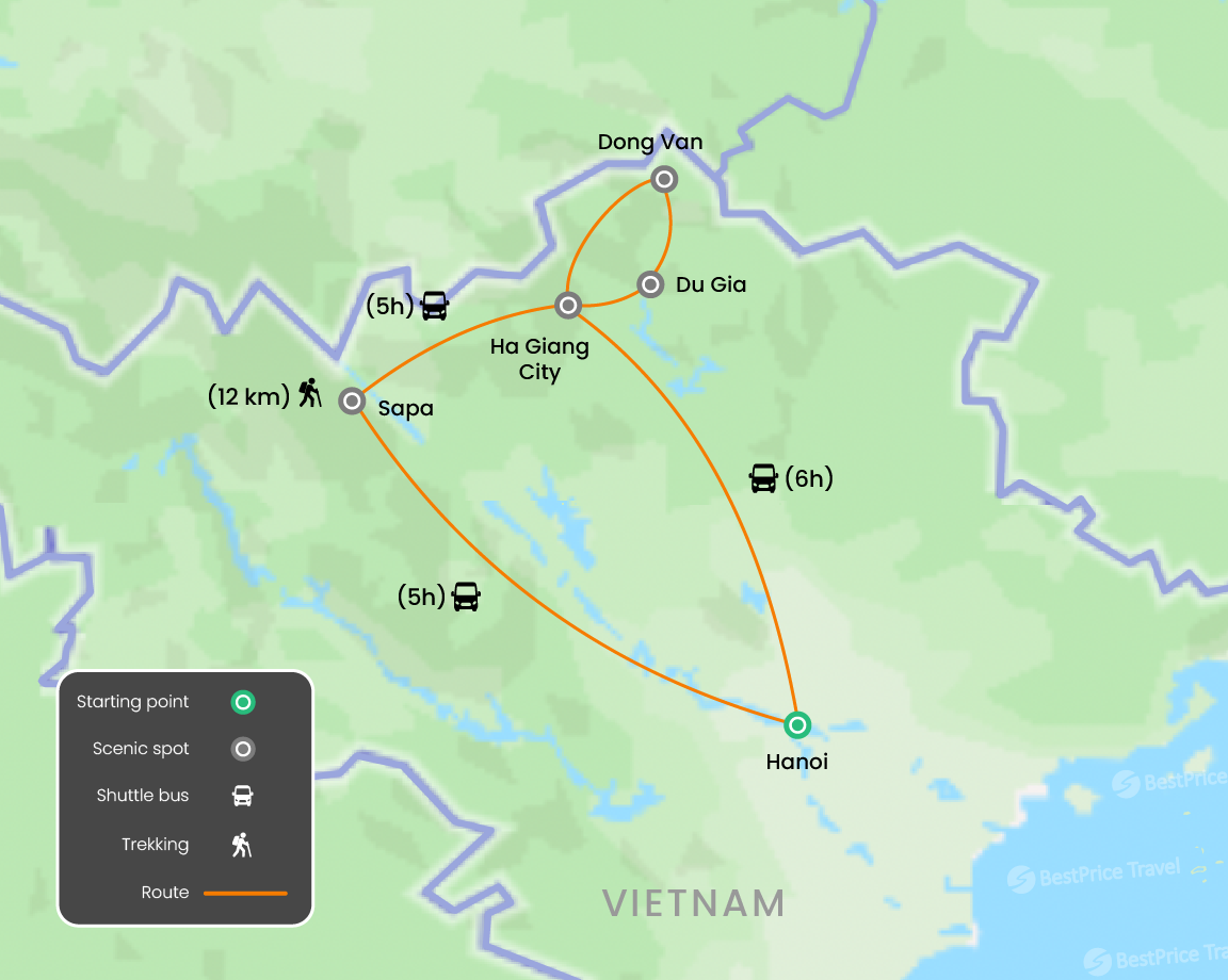Journey Through Ethnic Heartlands of Ha Giang & Sapa 1 week Map