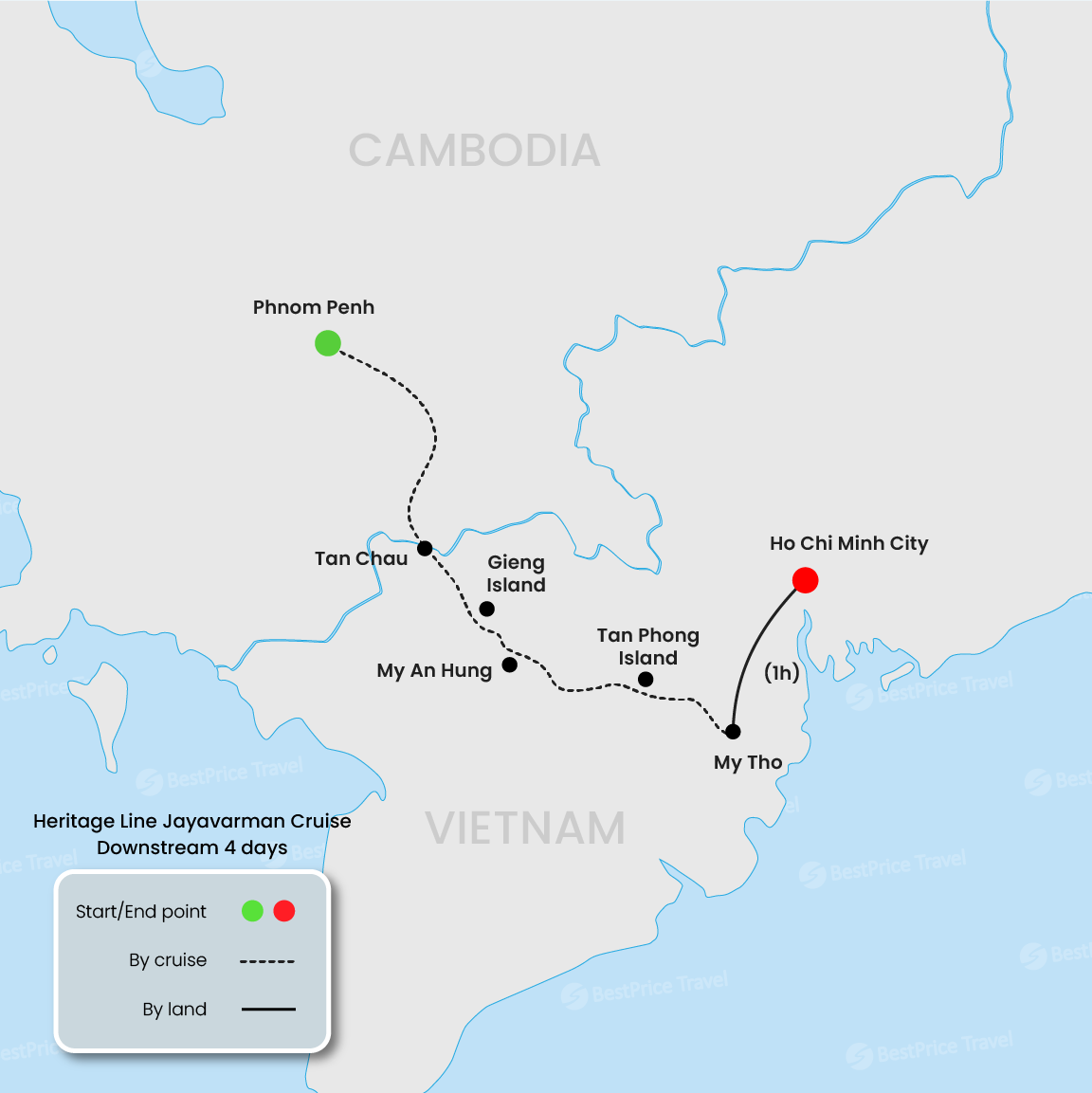 Heritage Line Jayavarman Cruise Downstream 4 days: Phnom Penh - Saigon Map