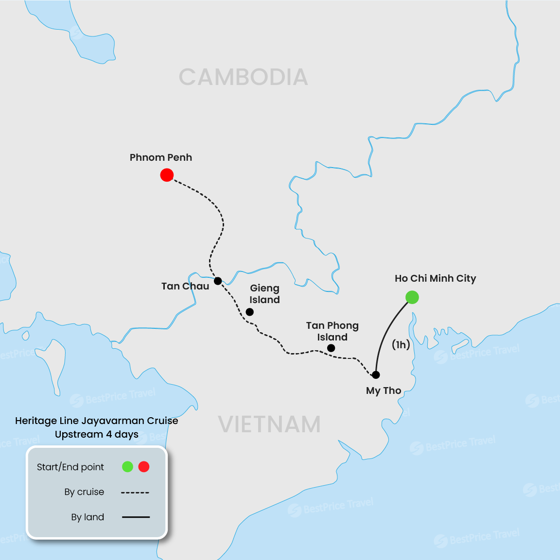 Heritage Line Jayavarman Cruise Upstream 4 days: Saigon - Phnom Penh Map