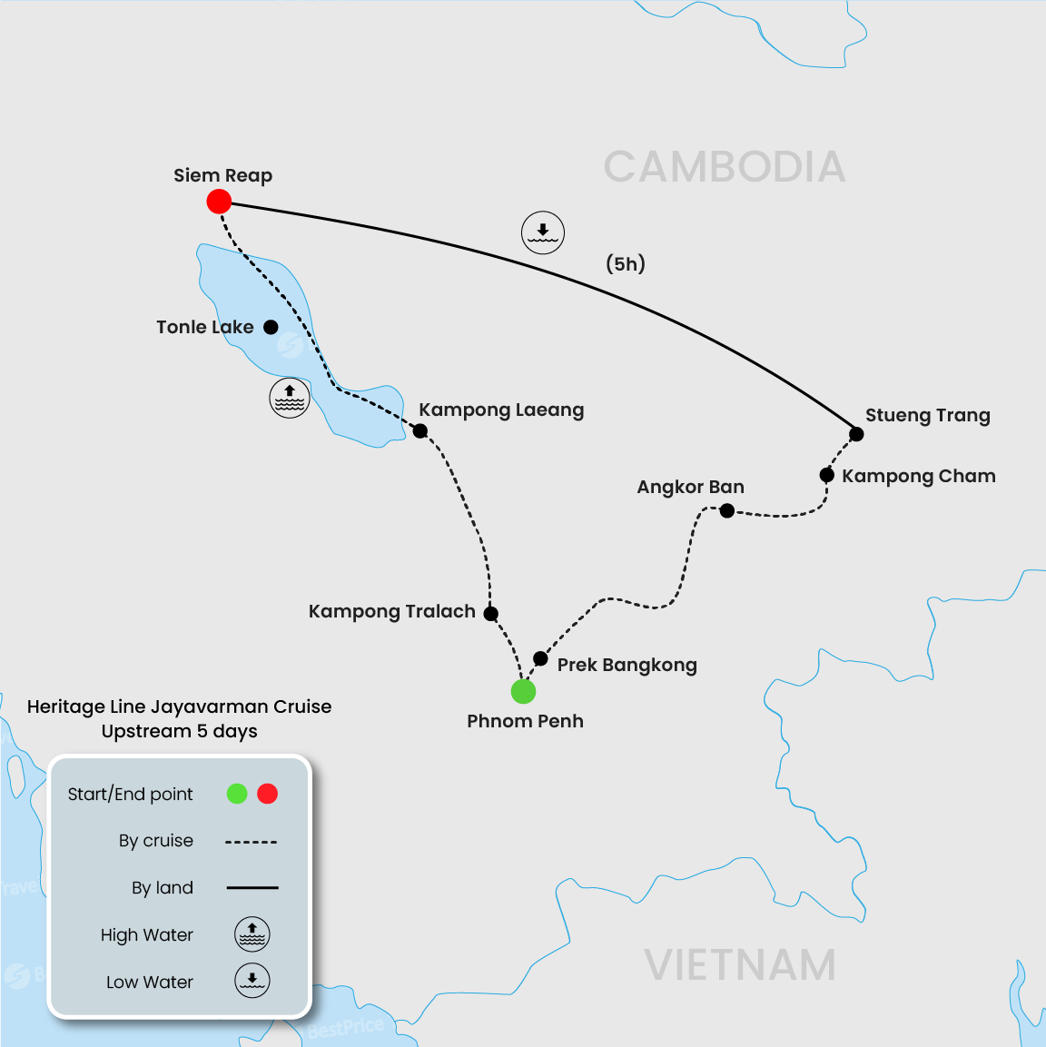 Heritage Line Jayavarman Cruise Upstream 5 days: Phnom Penh - Siem Reap Map