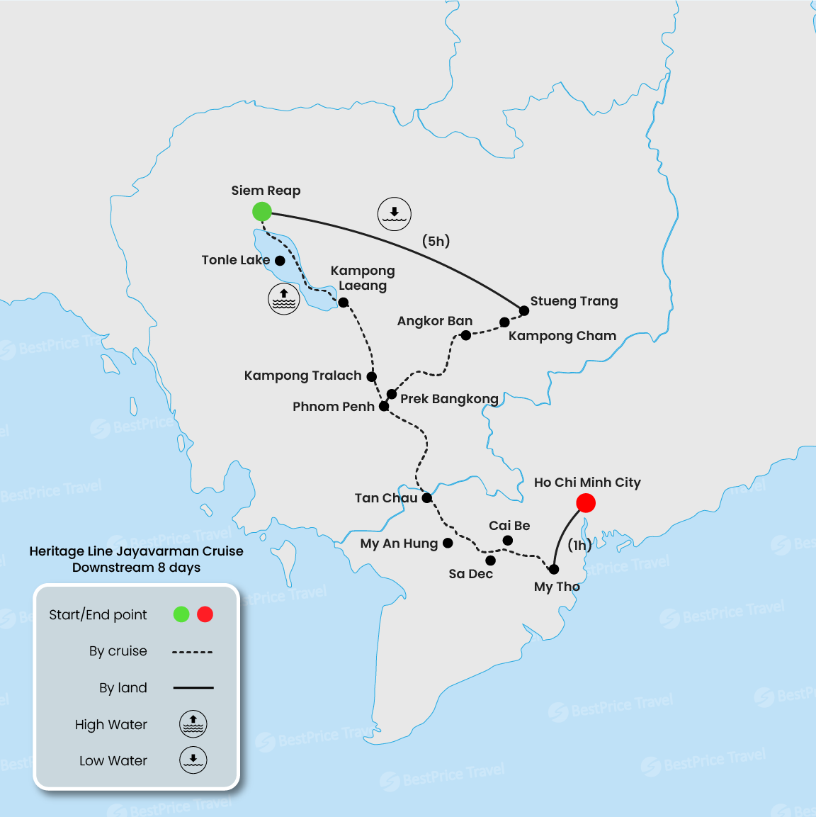 Heritage Line Jayavarman Cruise Downstream 8 days: Siem Reap - Saigon Map