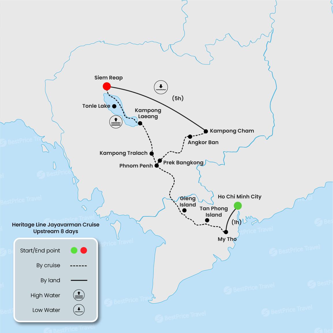 Heritage Line Jayavarman Cruise Upstream 8 days: Saigon - Siem Reap Map