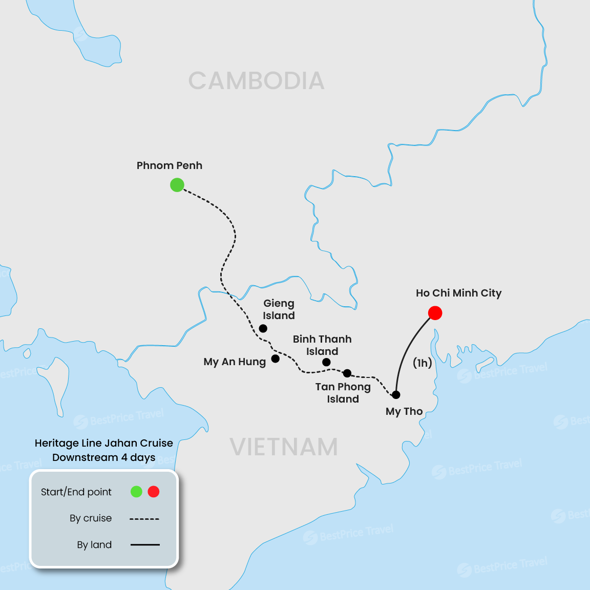 Heritage Line Jahan Cruise Downstream 4 days: Phnom Penh - Saigon Map