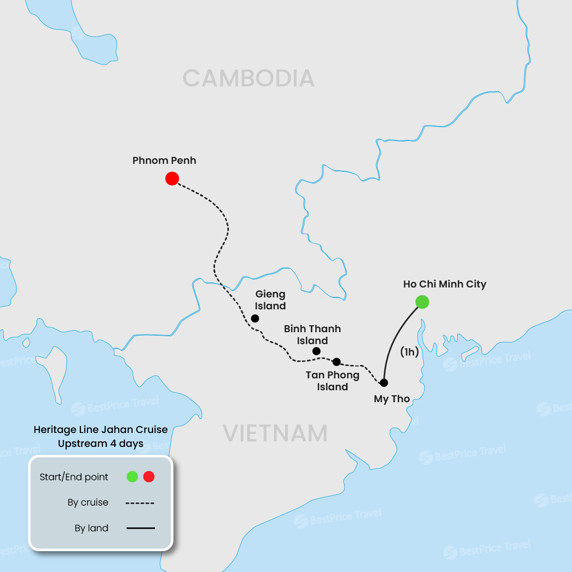 Heritage Line Jahan Cruise Upstream 4 days: Saigon - Phnom Penh Map