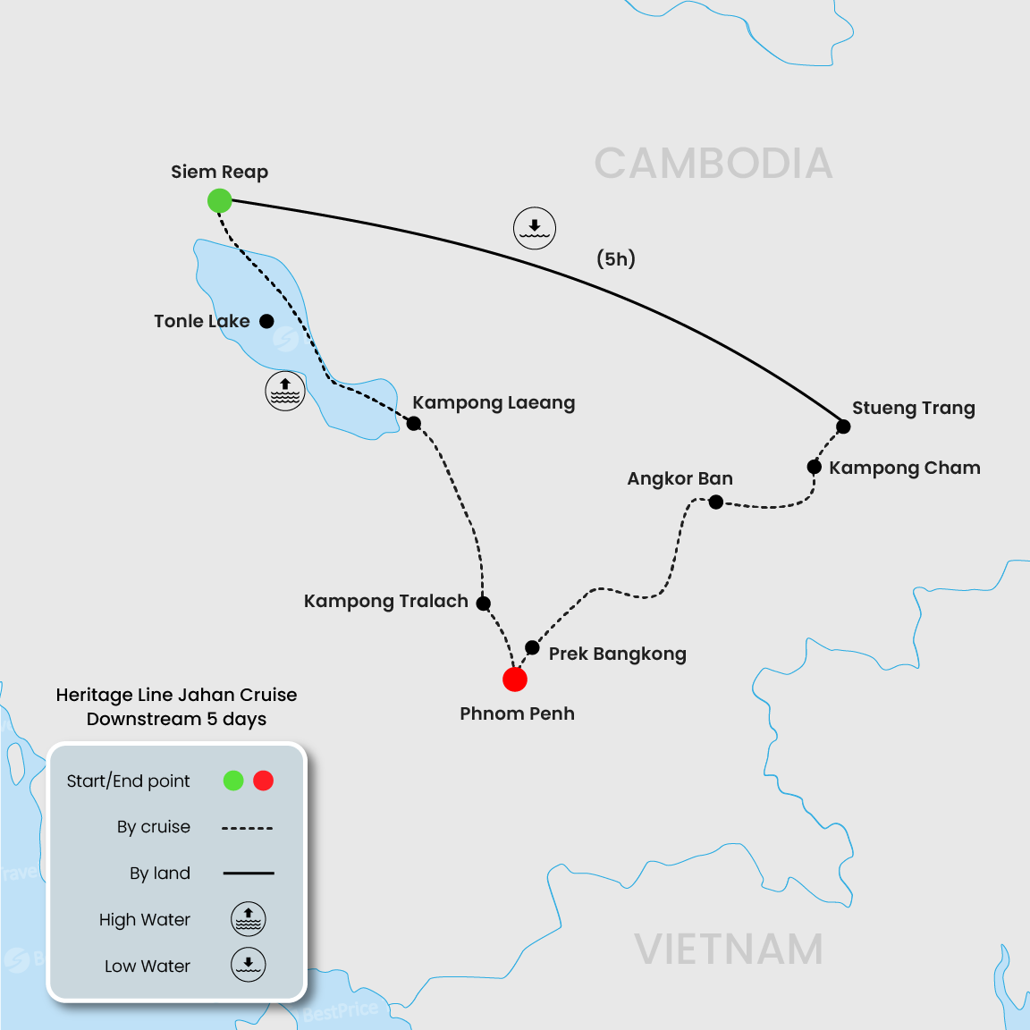 Heritage Line Jahan Cruise Downstream 5 days: Siem Reap - Phnom Penh Map
