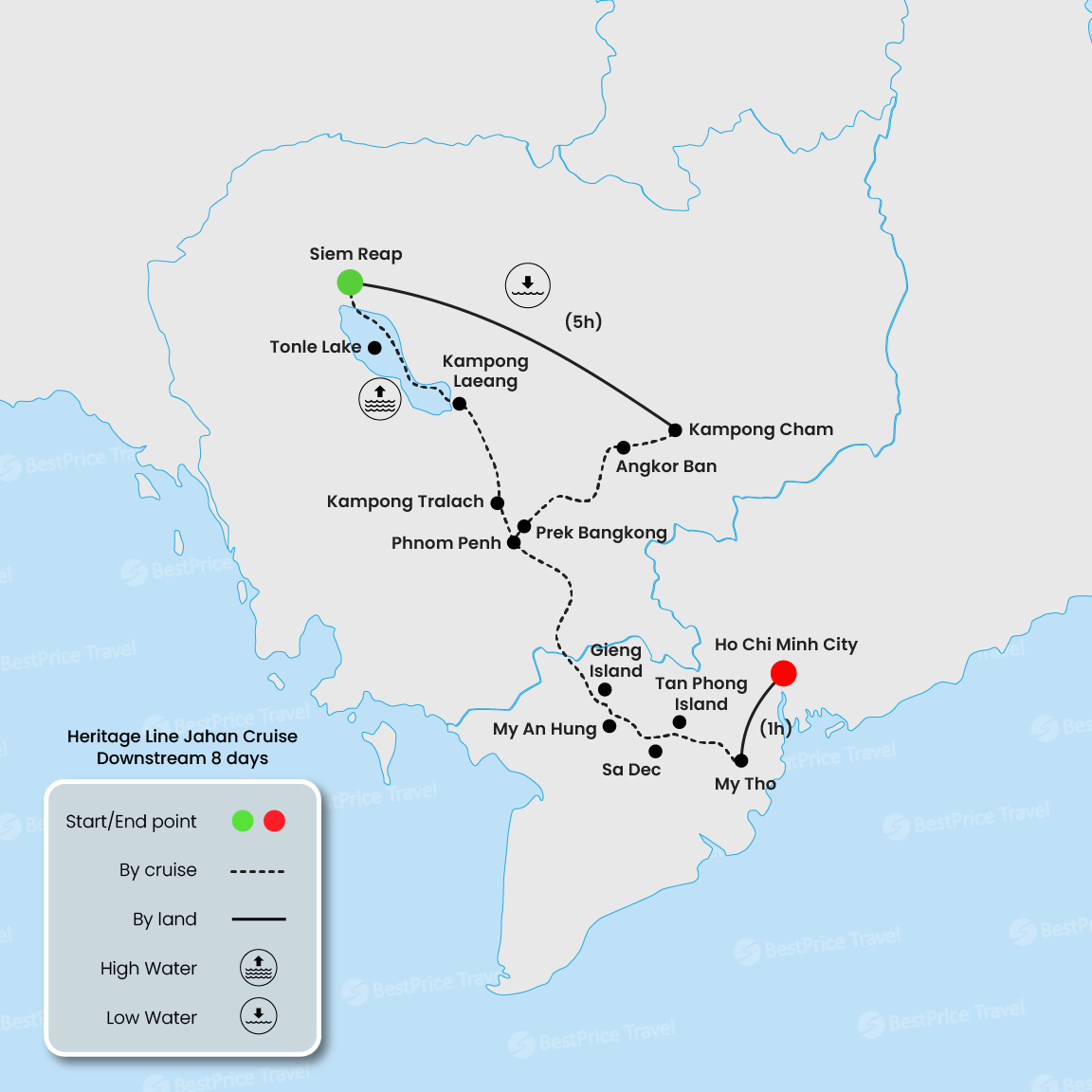 Heritage Line Jahan Cruise Downstream 8 days: Siem Reap - Saigon Map