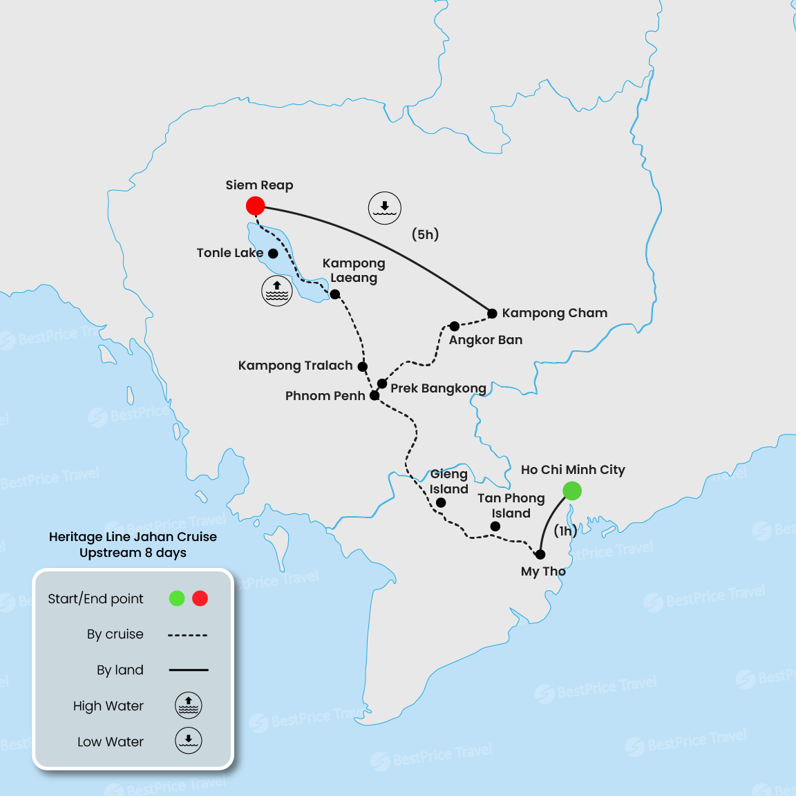 Heritage Line Jahan Cruise Upstream 8 days: Saigon - Siem Reap Map