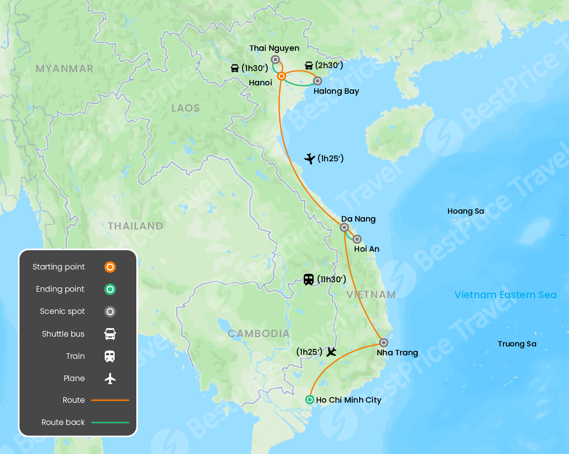 Vietnam Romantic Honeymoon Holiday 14 days Map