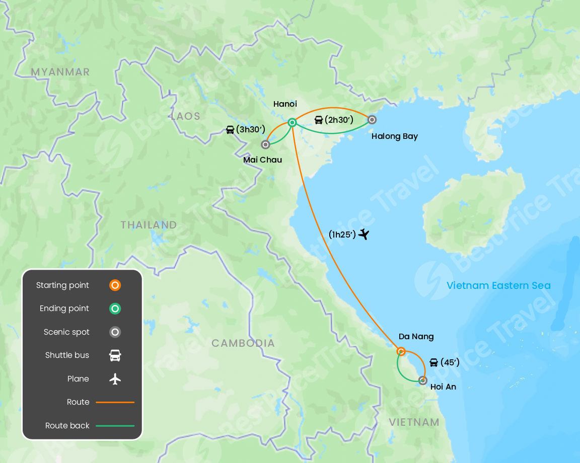 North & Central Vietnam Easy Adventure for Family with Kids 10 days Map